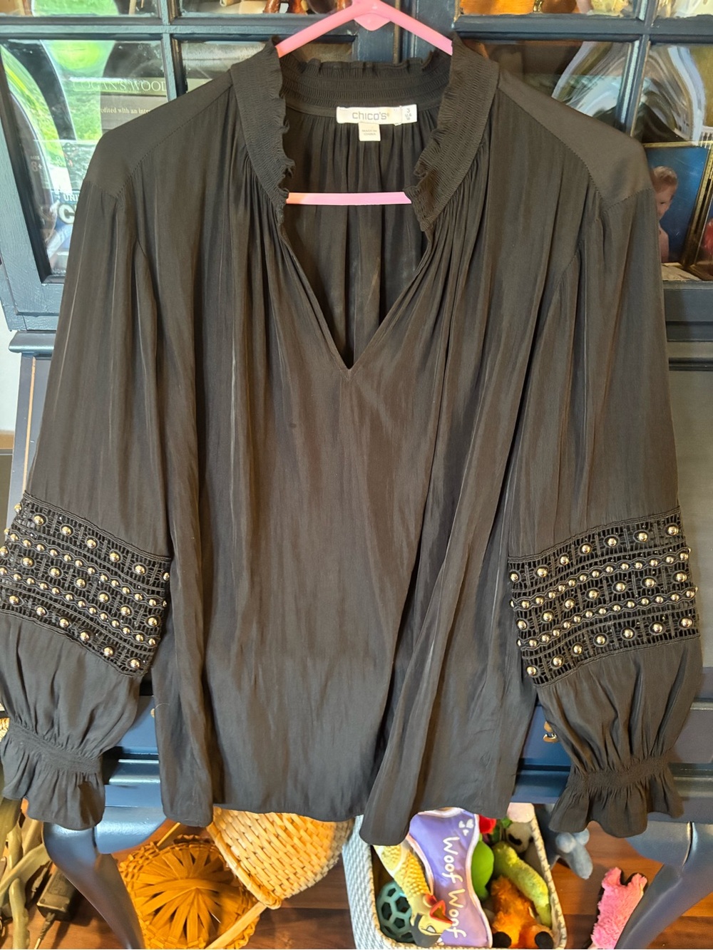 Chico's Black V-Neck Blouse with Beaded Statement Sleeves